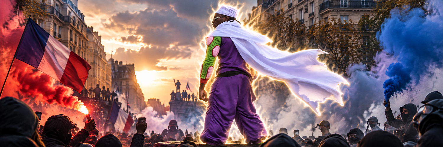 The French Villian above a street protest at sunset